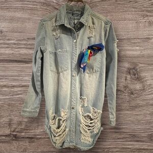 Fashion Nova Distressed Denim Button Down Shirt with Colorful Scarf